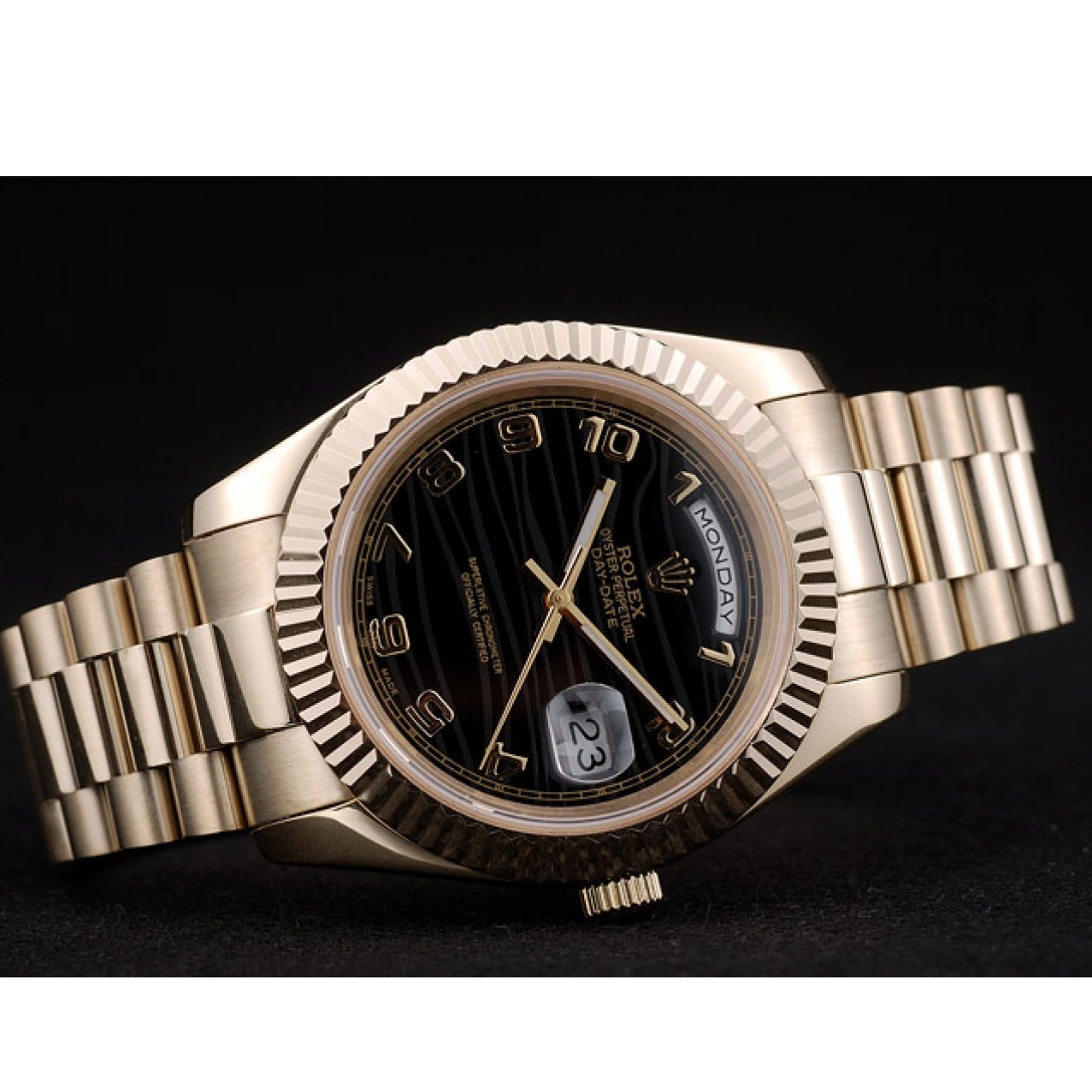 Best AAA Replica Sites DayDate Gold Swiss Bezel 41998 Rolex Steel Black Ribbed Dial Stainless 0717